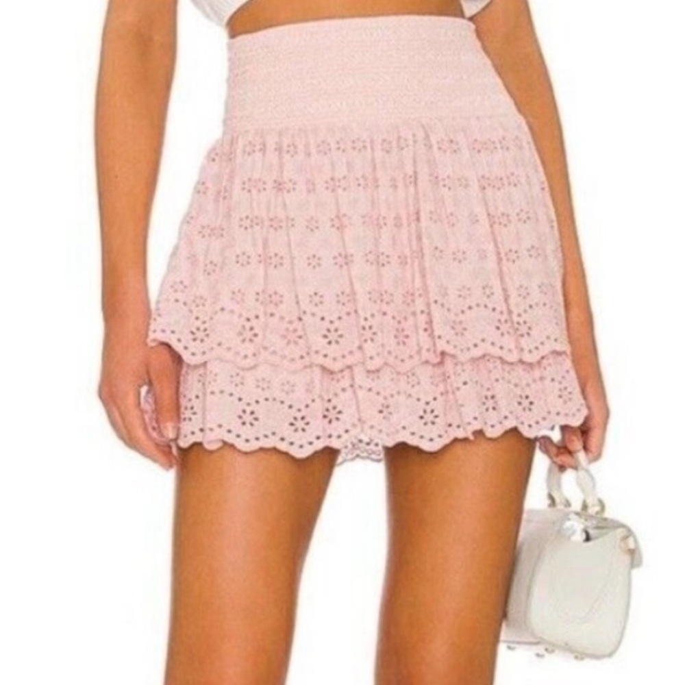 Alice + Olivia Bethie Pink Embroidered Tiered Mini Skirt 0